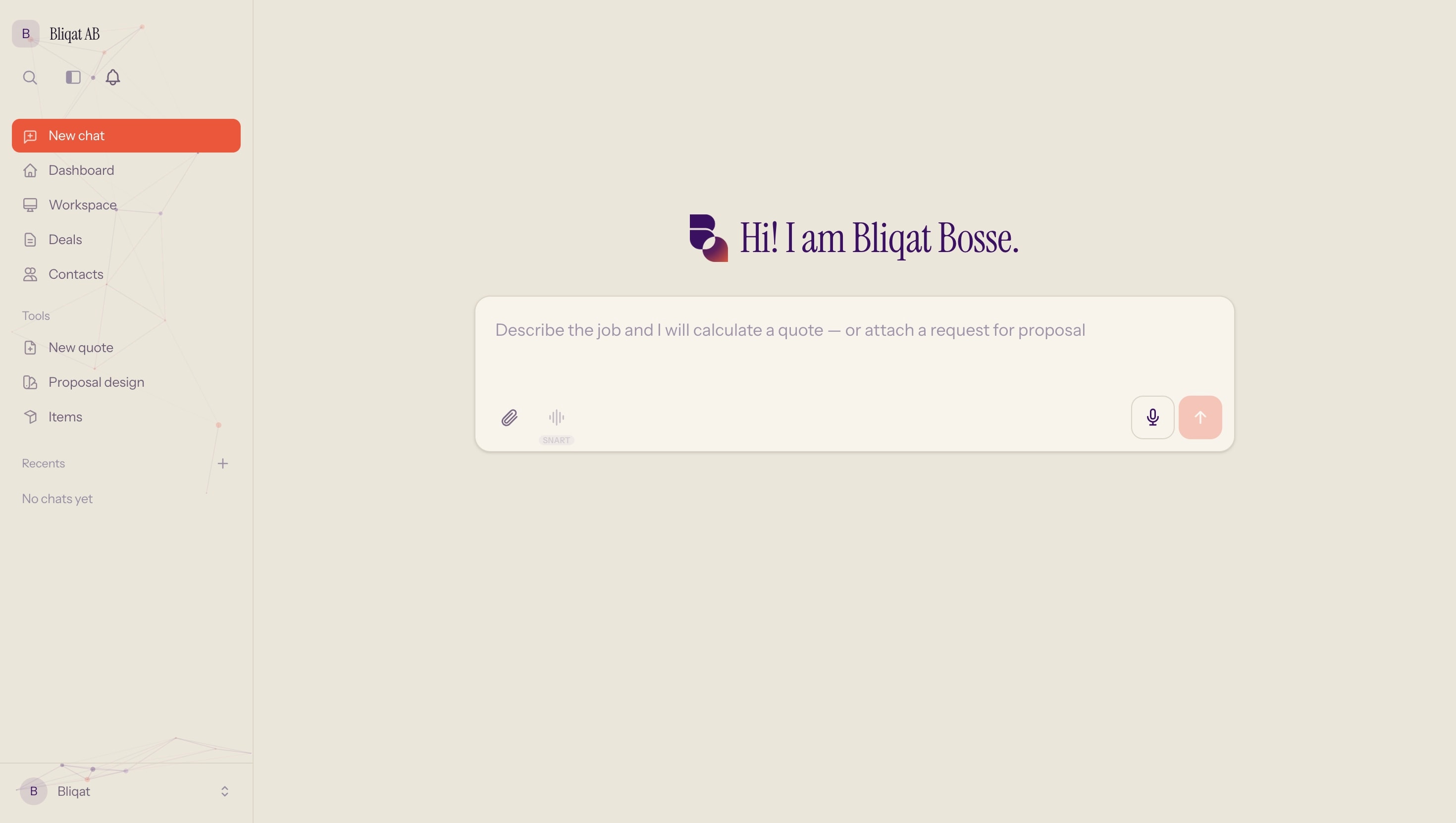 The Bliqat home screen after signing in: the chat where you describe the job to Bliqat Bosse.
